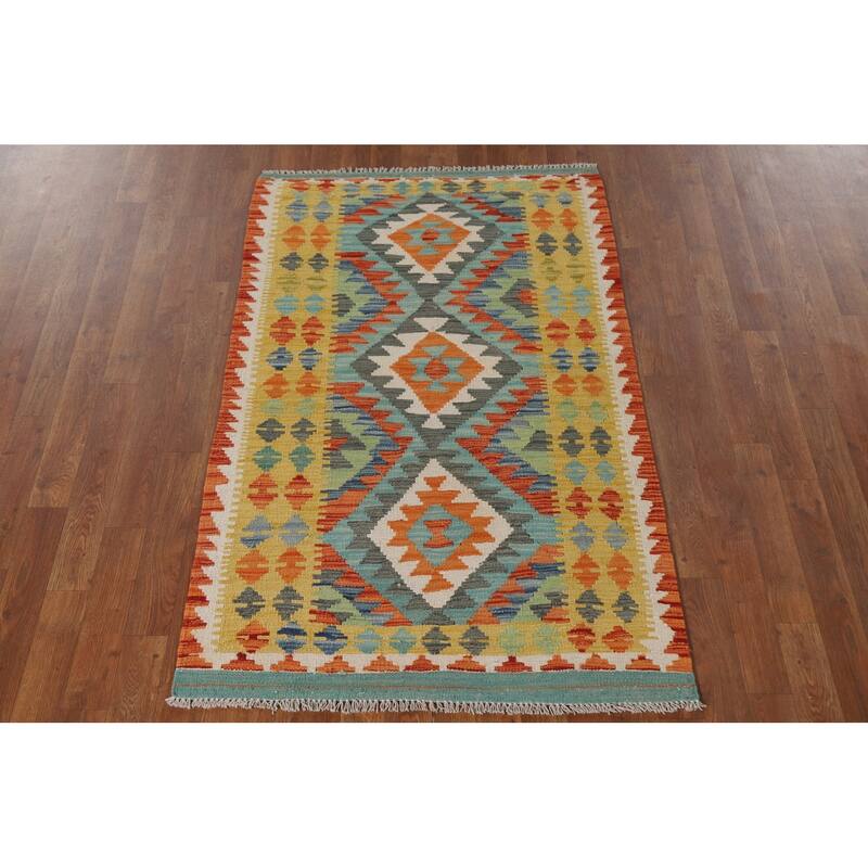 Hand Woven Oriental 100% Wool Carpet Southwestern Geometric Multi-Colored Kilim Area Rug - 5' 3'' X 3' 2''