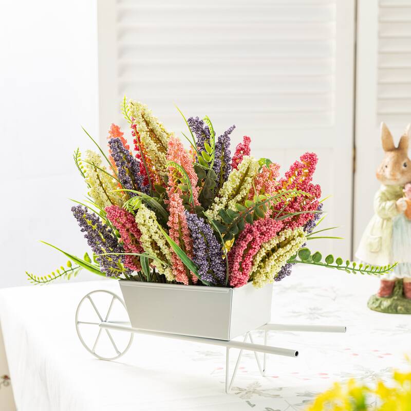 Glitzhome 11"H Pink, Purple & Yellow Mixed Heather Cart Centerpiece