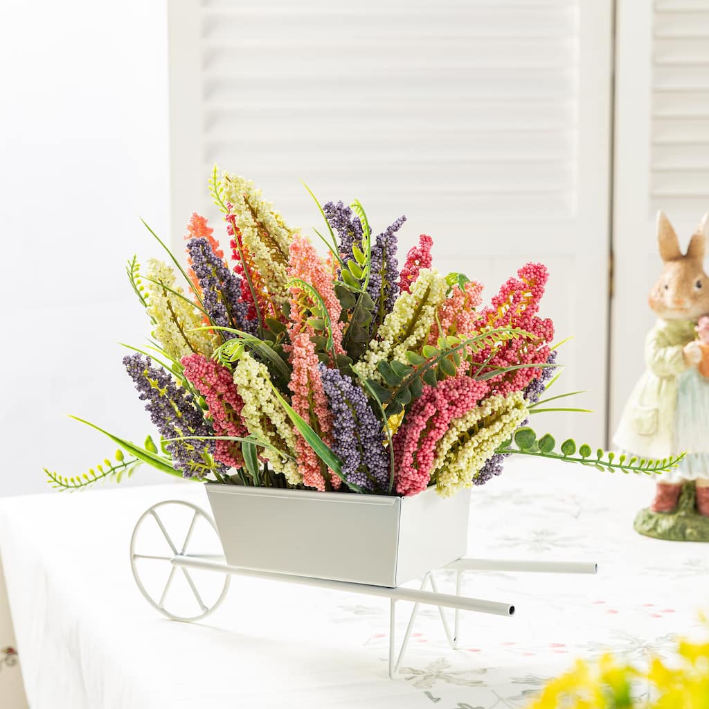 Glitzhome 11"H Pink, Purple & Yellow Mixed Heather Cart Centerpiece