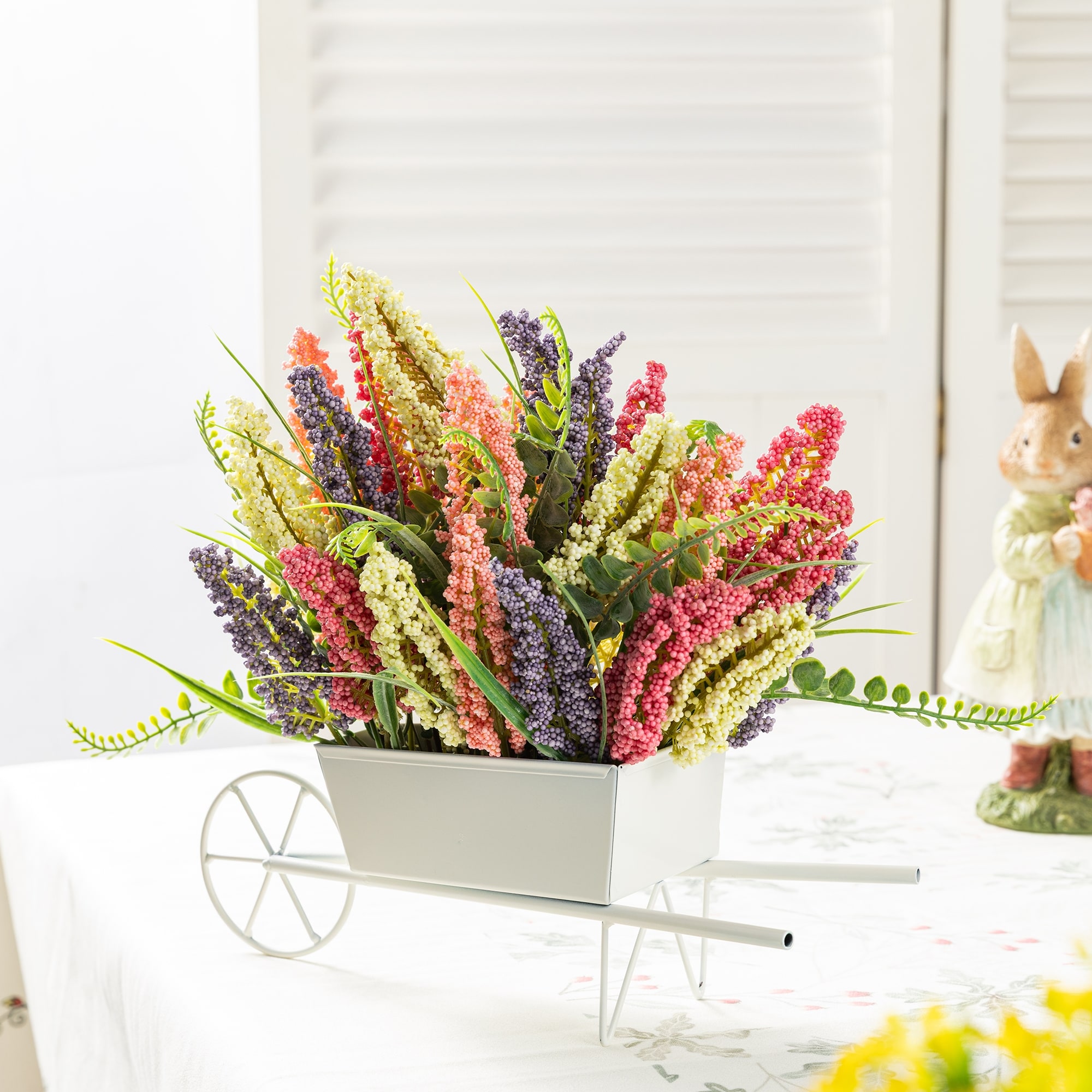 Glitzhome 11"H Pink, Purple & Yellow Mixed Heather Cart Centerpiece