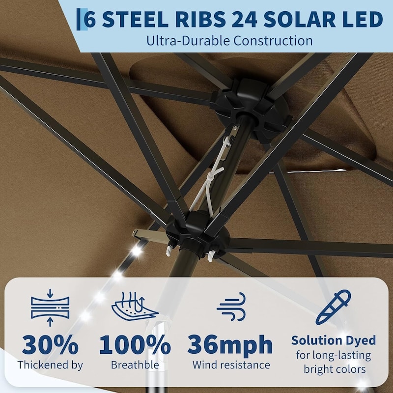 10' x 6.5' Solar Patio Umbrella with Crank and Push Button Tilt for Garden, Deck, Lawn, Pool with Lights (No Base)