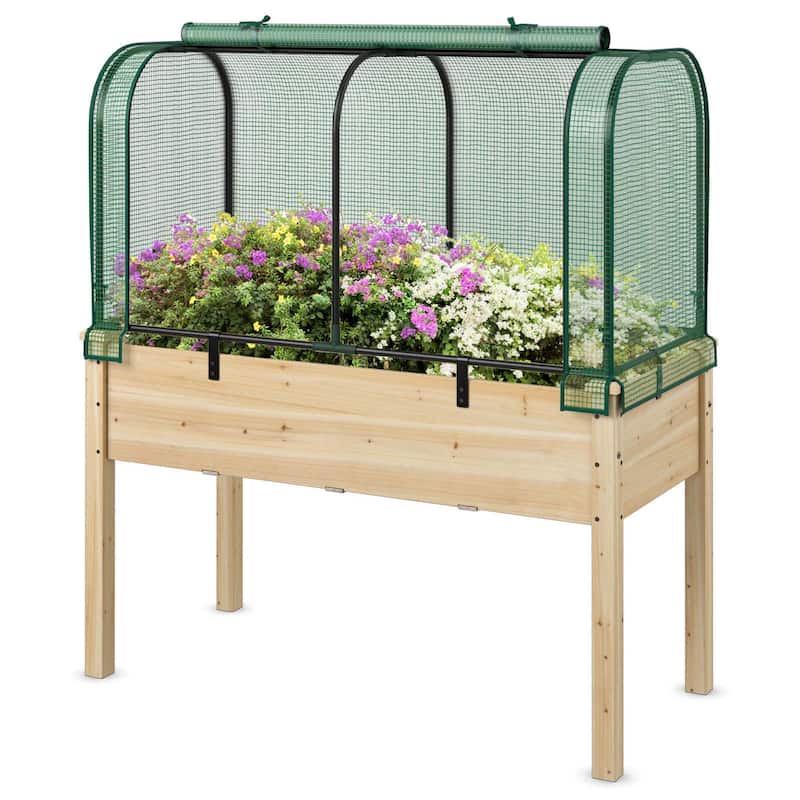 Raised Garden Bed w/ Cover Wood Elevated Planter Box /Mini Greenhouse - Green+Natural