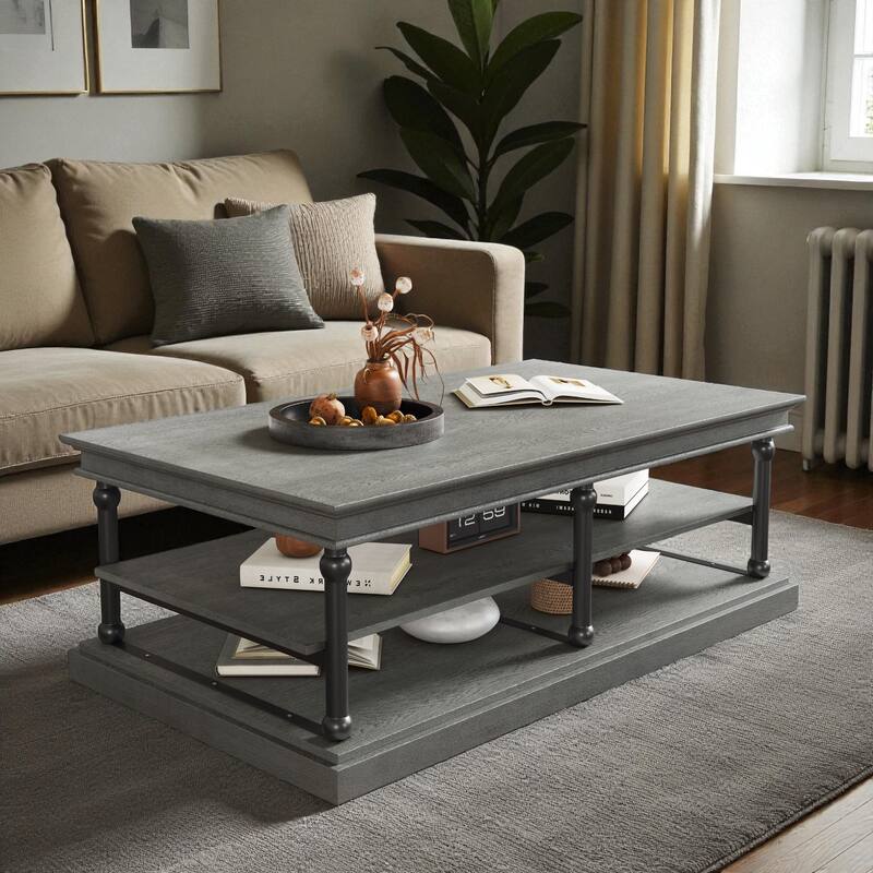 55.1" Modern Wood Coffee Table with Black Legs and 2 Open Shelves, Large Living Room Center Table