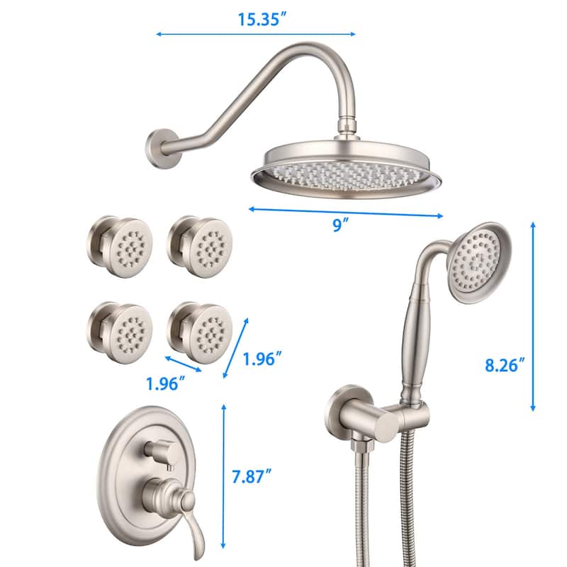 Single-Handle 4-Spray Patterns Bathroom Rain Shower Faucet with Body Jet Handshower in Brushed Nickel (Valve Included)