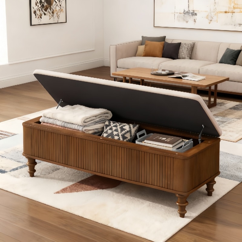 50.8" Multi-Functional Storage Ottoman -Solid Rubberwood Bed End Bench with Linen Seat, Shoe Organizer for Bedroom, Entryway