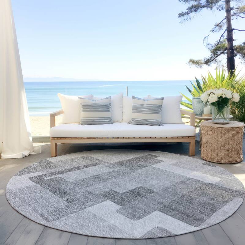 Machine Washable Indoor/ Outdoor Chantille Contemporary Blocks Rug - Silver - 8' x 8'