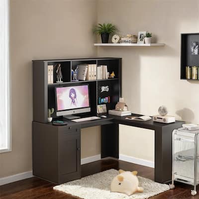 L Shaped Desk with outlet,Computer Desk with Drawers,Bookshelf & Hutch