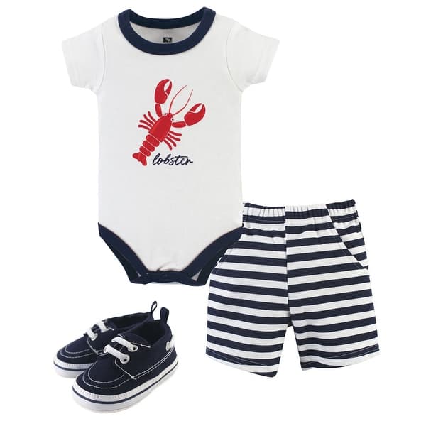 slide 1 of 1, Hudson Baby Infant Boy Cotton Bodysuit, Shorts and Shoe 3pc Set, Lobster 0-3 Months - Lobster