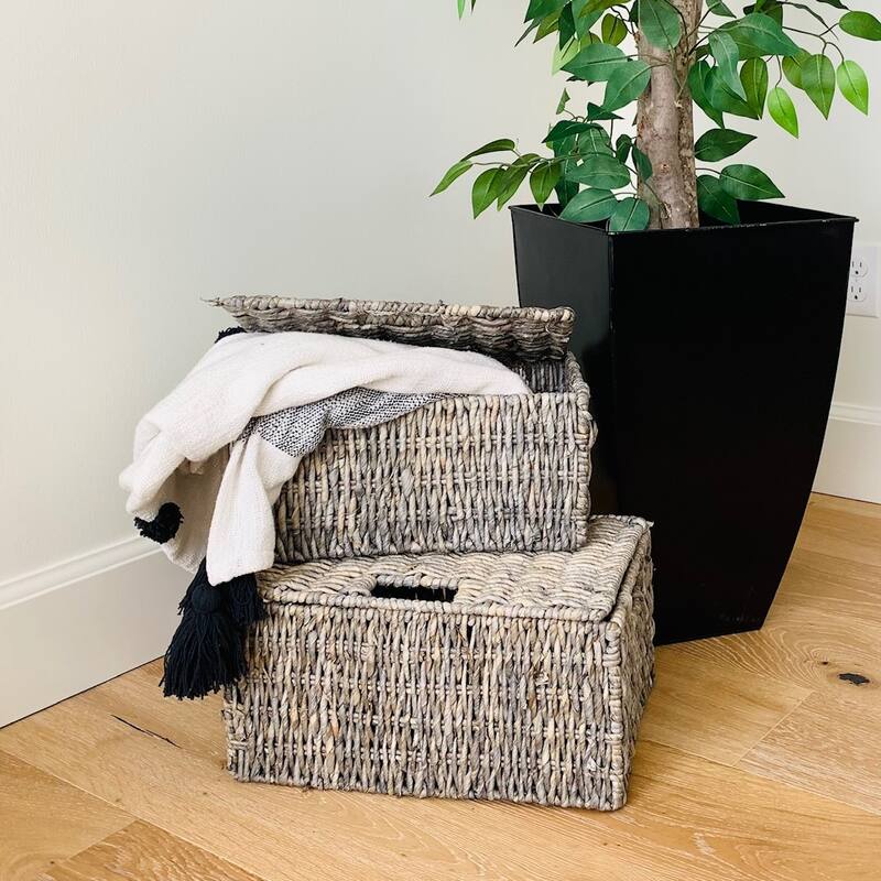 Woven Grass Grey Rectangular Lidded Storage Baskets (Set of 2)