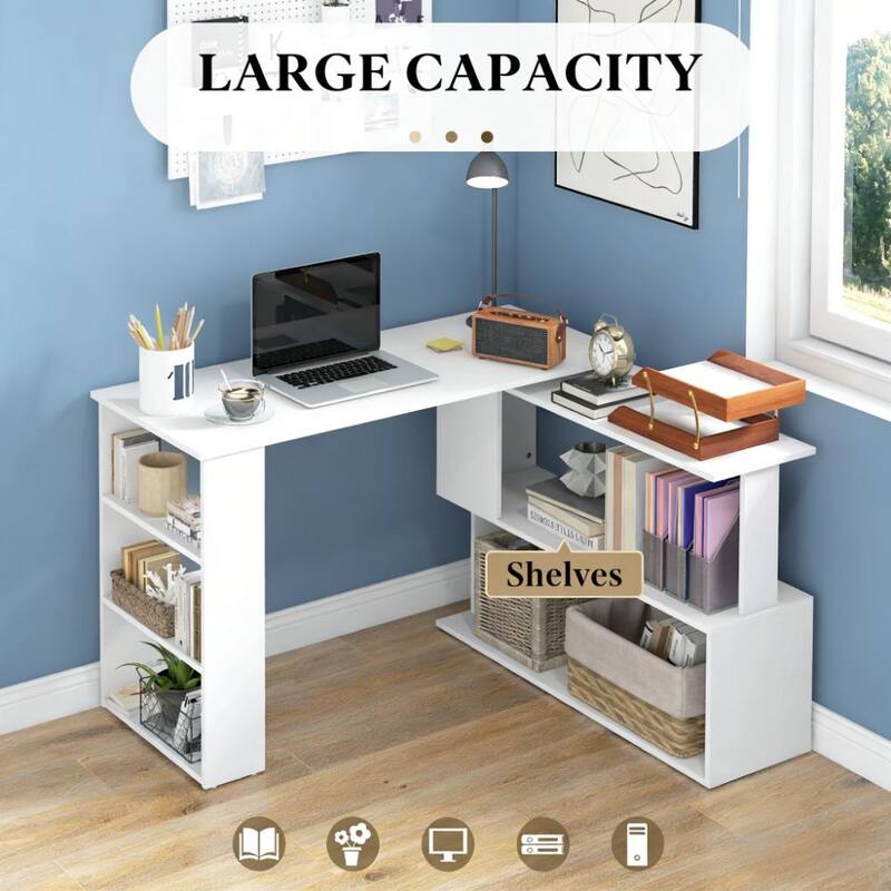 Spacious Writing Table Workstation,L Shaped Corner Computer Desk,360° Rotating Home Office Desk