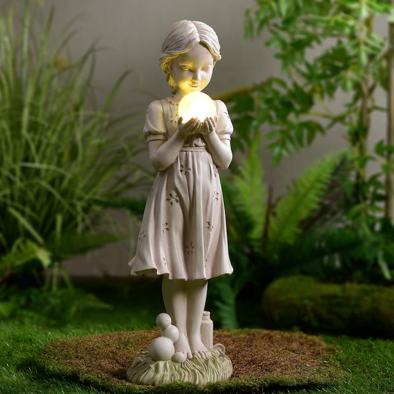 Solar Powered LED Girl Holding Bubble Outdoor Garden Statue - 24"