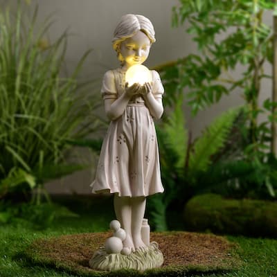 Solar Powered LED Girl Holding Bubble Outdoor Garden Statue - 24"