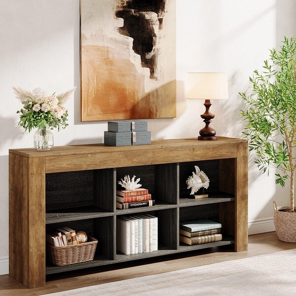63-inch Horizontal Wood Bookshelf, Industrial Long Bookcase - Bed