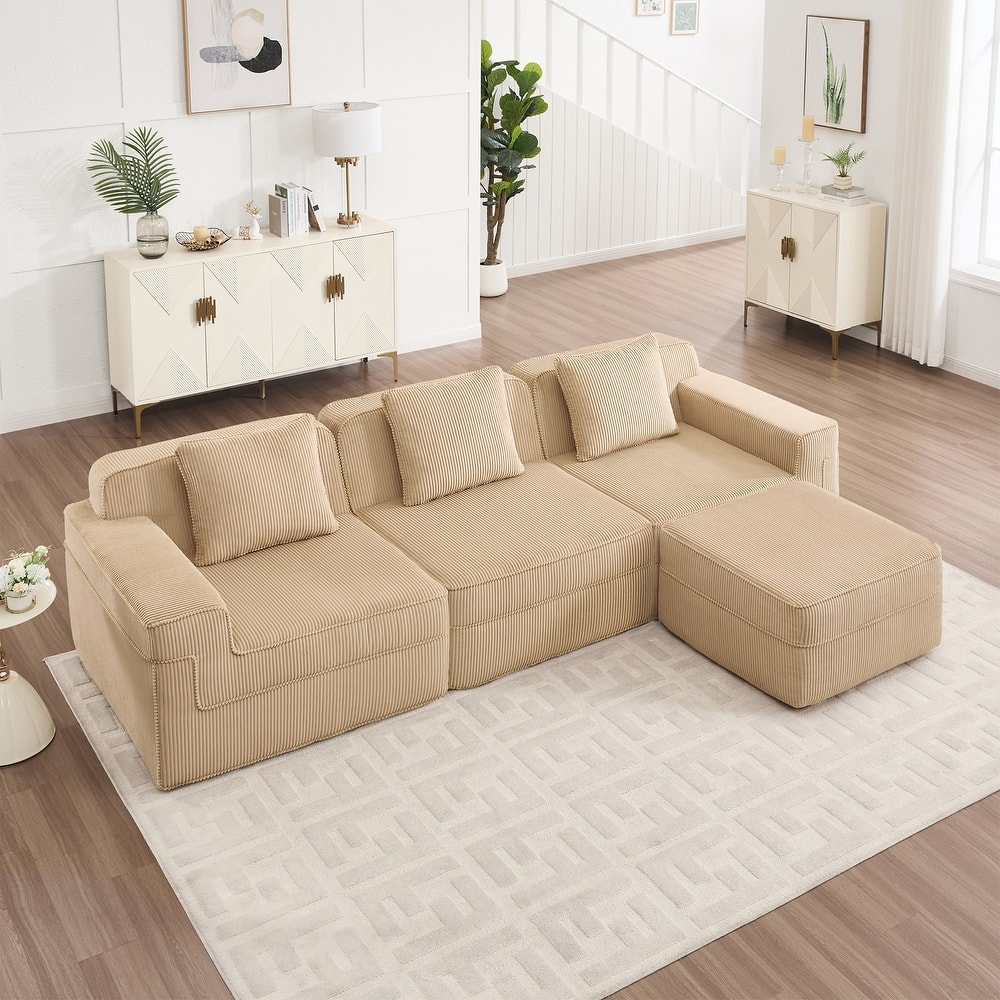 GDFStudio - Corduroy Modular 3-Seater 117.3" L-Shaped Boneless Cloud Sofa