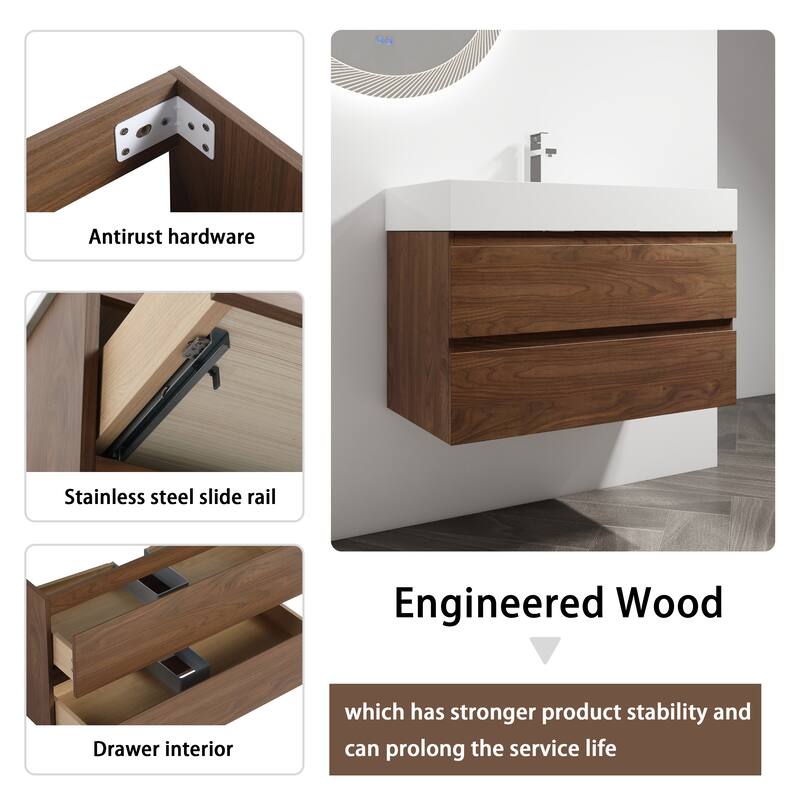 Vanity with Thick Edge Resin Sink, Soft-Close Drawers, Water-Resistant Melamine Surface (Sink and Cabinet Only)