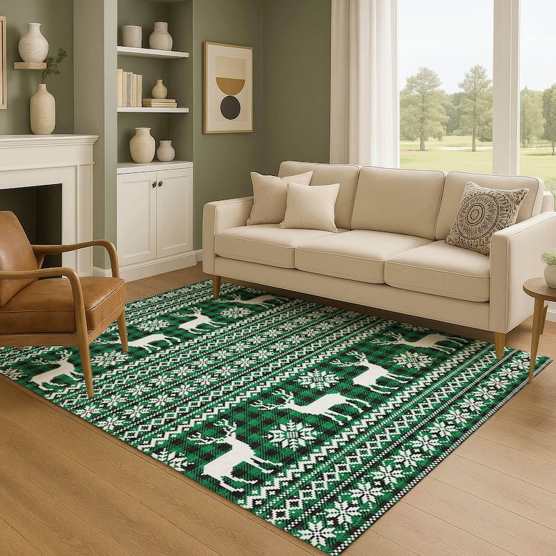 Premium Washable Super Soft Christmas Reindeer Mayfield Rug - Green - 8' x 10'