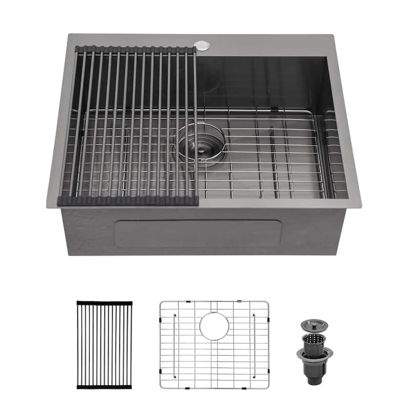 Black Stainless Steel Single Bowl Drop-in Kitchen Sink with Rinse Grid