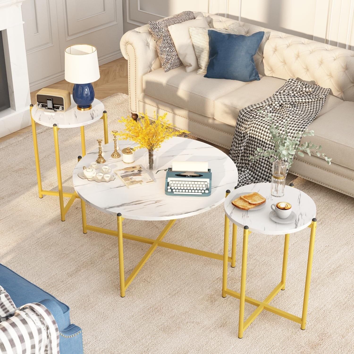 Coffee Table Set of 3, Modern Faux Marble Top with Golden Frame, Living Room & Office Use, White & Gold
