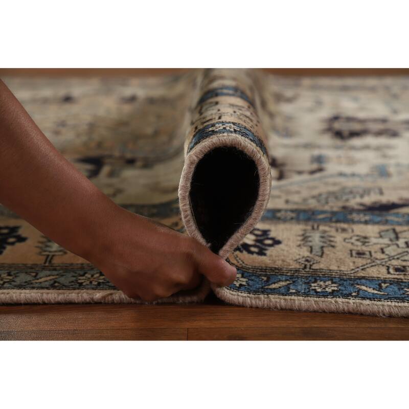 Hand Knotted Oriental 100% Wool Carpet Traditional Medallion Beige & Ivories Heriz (serapi) Area Rug - 9' 7'' X 6' 5''