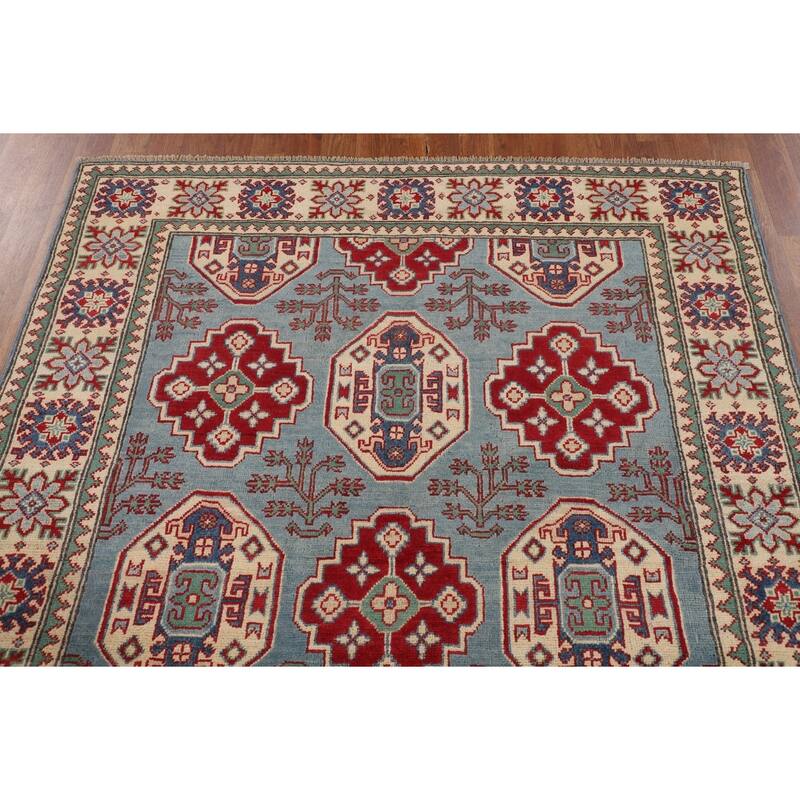 Light Blue Geometric Kazak Rug Hand-Knotted Oriental Wool Carpet - 4'11" x 6'8"