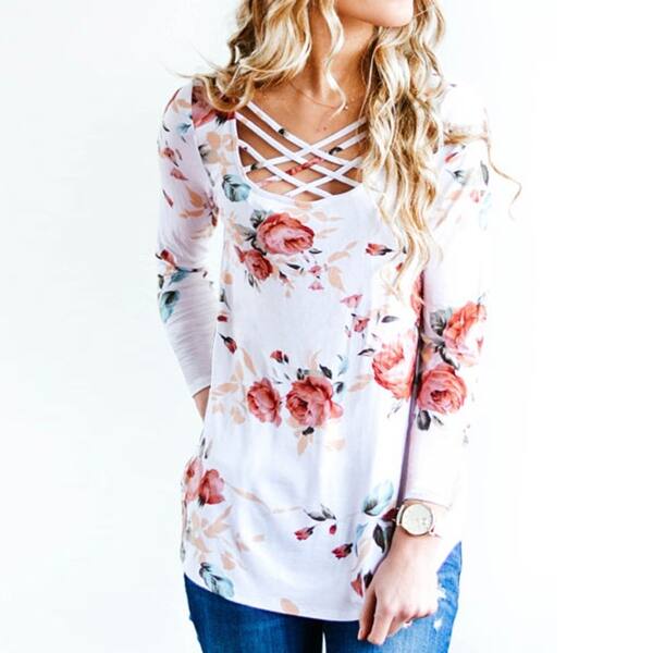 Shop Women Casual Tunics Floral Printed Long Sleeve Criss Cross V