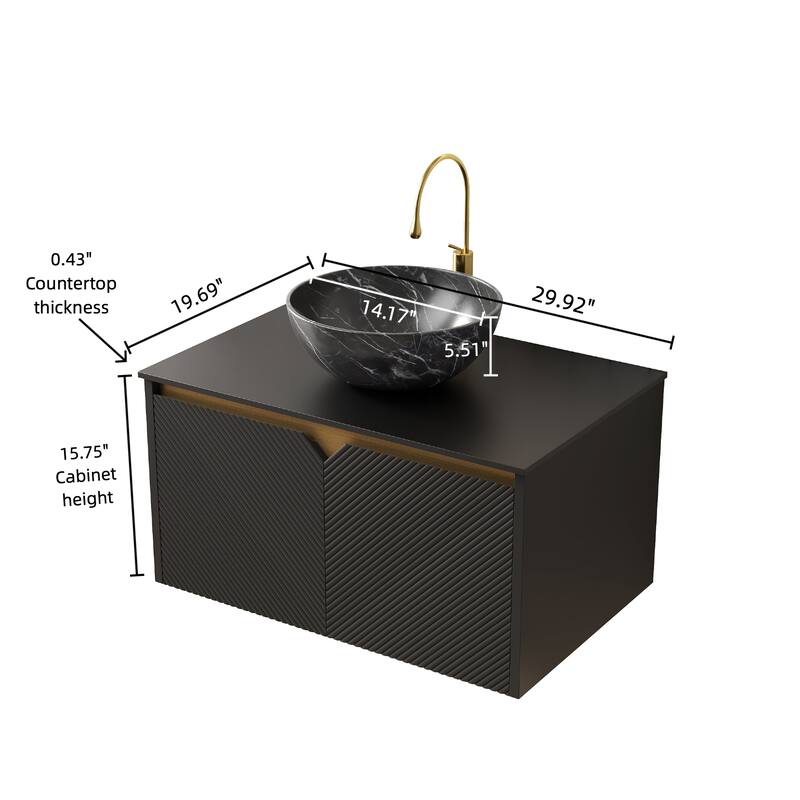 30" Bathroom Vanity&Sink,Wall-Mounted Plywood Storage Cabinet,Twill Double Doors,Bowl Ceramic Vessel Basin&Stone Top