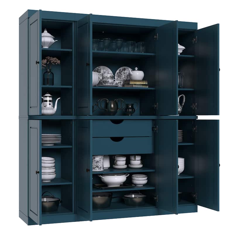 Palace Imports 100% Solid Wood Kitchen China Cabinet Pantry with Glass or Solid Wood Doors and 2-Drawer Kit - 65" x 71.5"