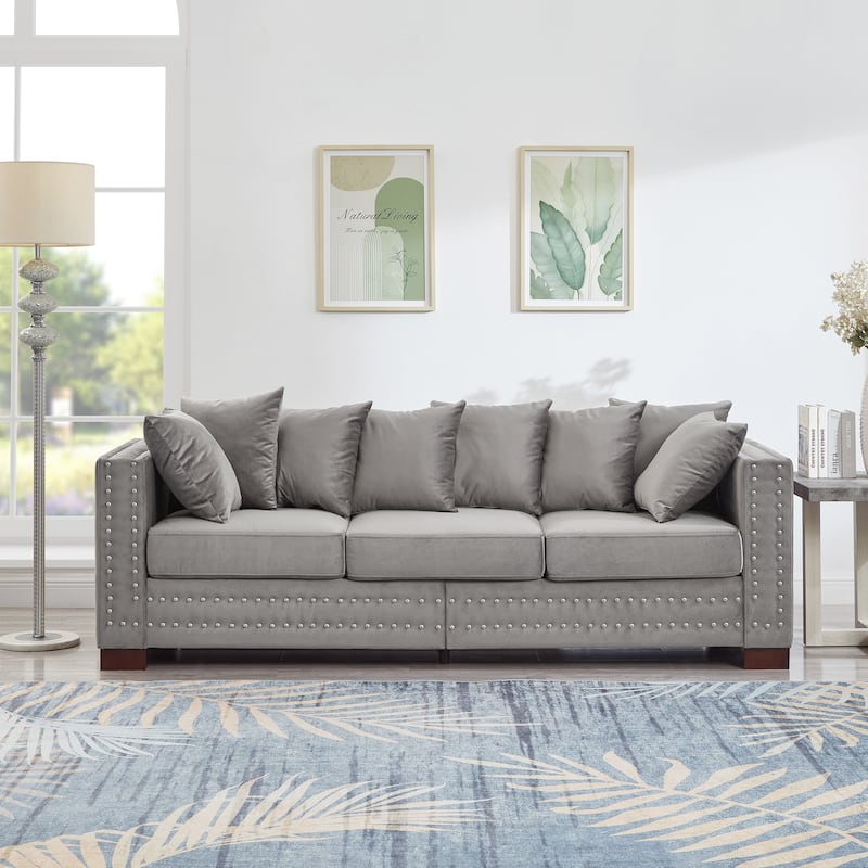 Modern Design Sofa Square Armrest With Silver Nails Decoration Upholstered Velvet Couch - Grey