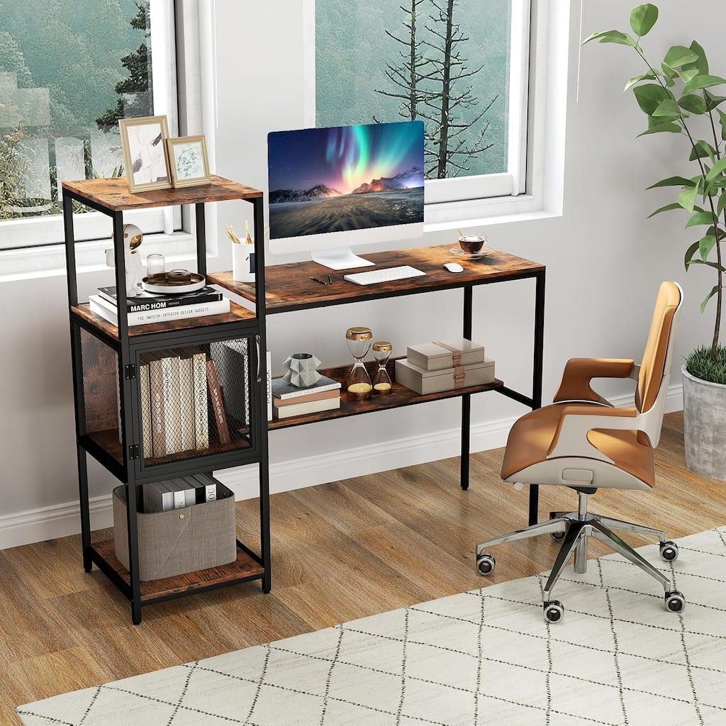 Modern Computer Workstation Computer Desk w/ Bookshelf