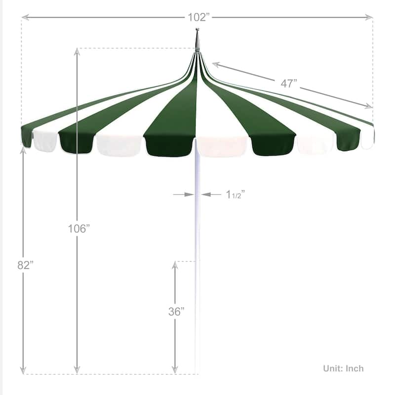 California Umbrella 8.5' Pagoda Series Patio Umbrella White Aluminum Pole Push Lift Sunbrella Natural and Pacific Blue
