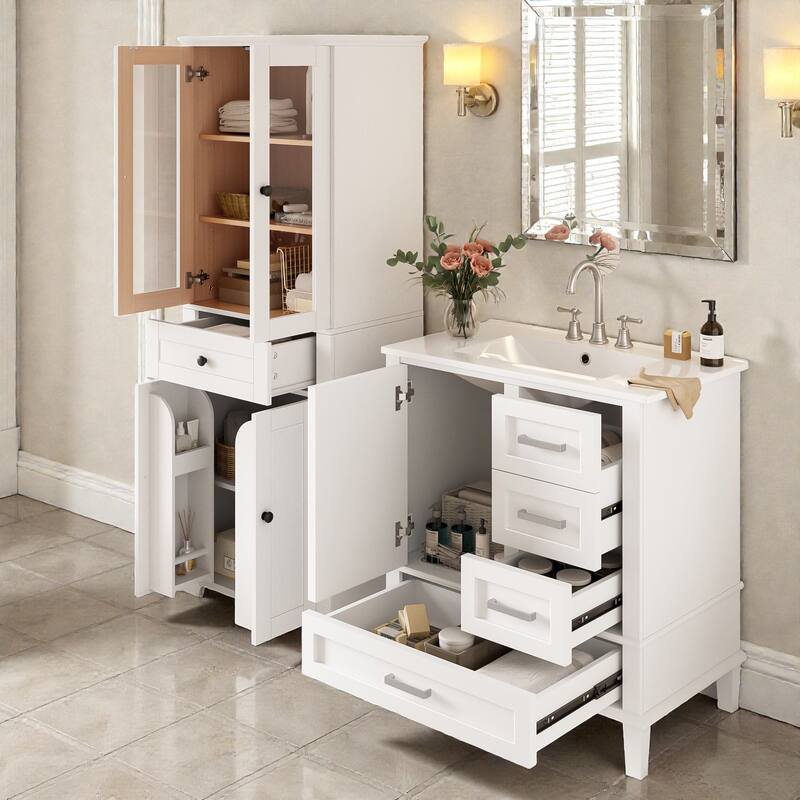67.57" Tall Bathroom Storage Cabinet and 30" Bathroom Vanity with Sink Combo, Modern Freestanding Cabinet Set with Glass Doors