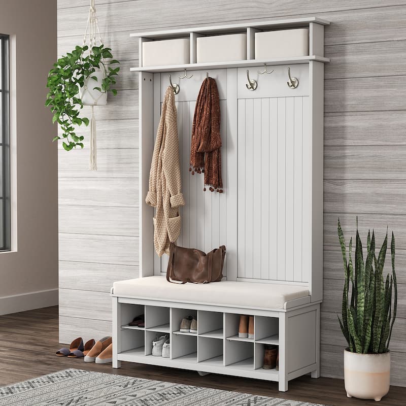 John Louis Home Solid Wood Hall Tree with Shoe Storage - White