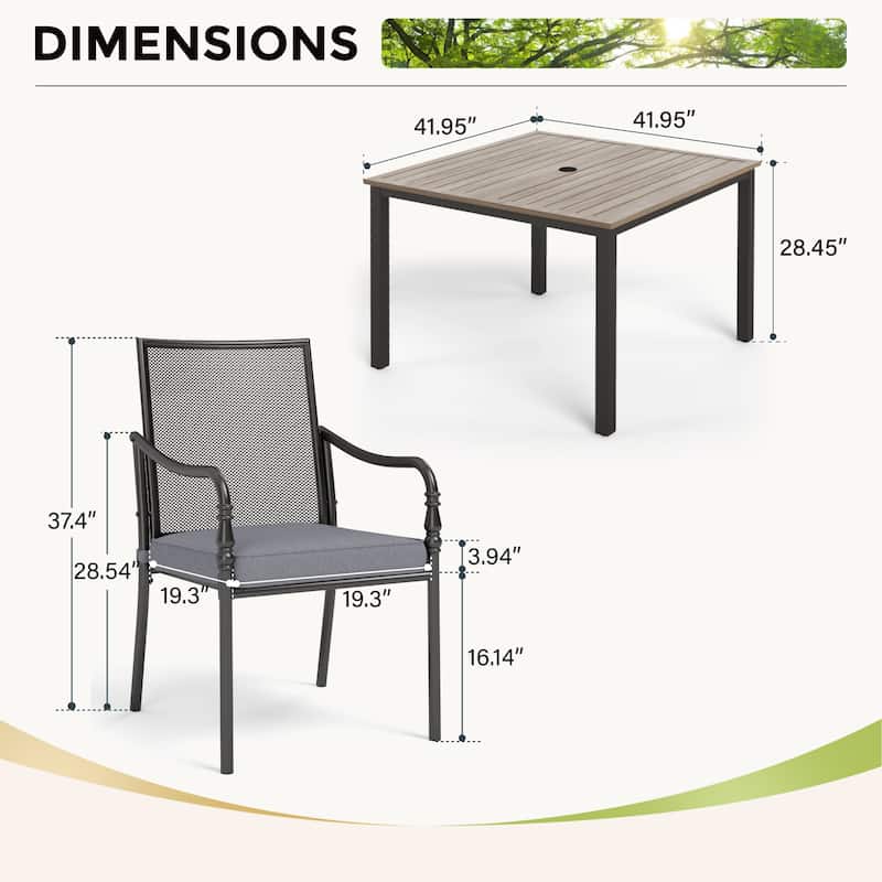 MAISON ARTS 5-Piece Patio Dining Set, Square Brown Metal Dining Table and 4 Gourd Head Shape Armrest Chairs