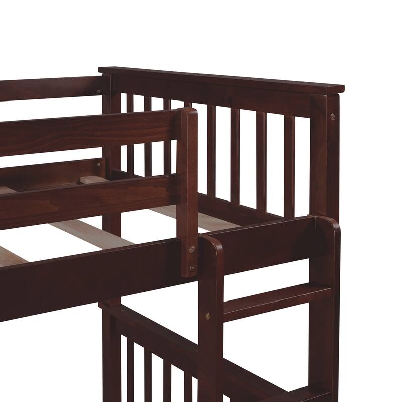 Twin Over Twin Bunk Bed Convertible 2 Platform Beds, Wooden Panel Bed with Ladder, Guardrail and 2 Drawers