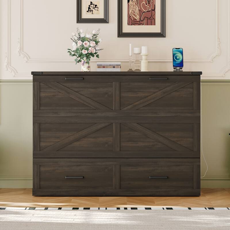 Full Size Wood Murphy Bed with Charging Station, Foldable Platform Bed with Large Storage Drawer