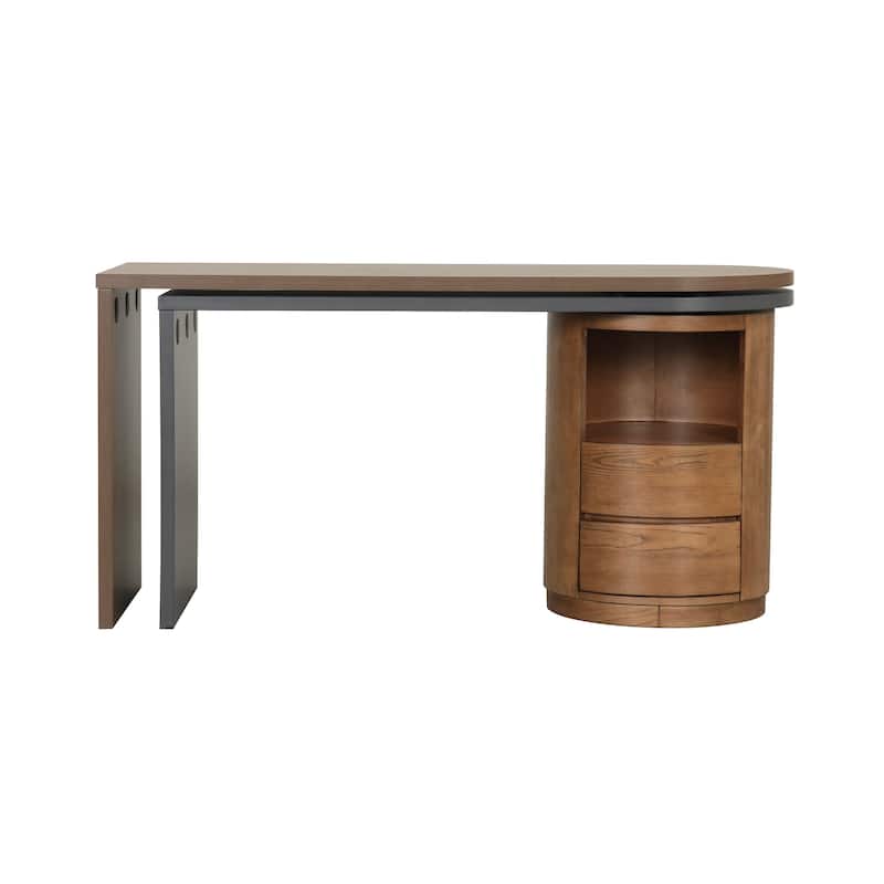 59"L Shaped Desk in Walnut with 2 Drawers,Open storage,360°Wood Rotating Desk,Executive Office Desk,Office Study Workstation