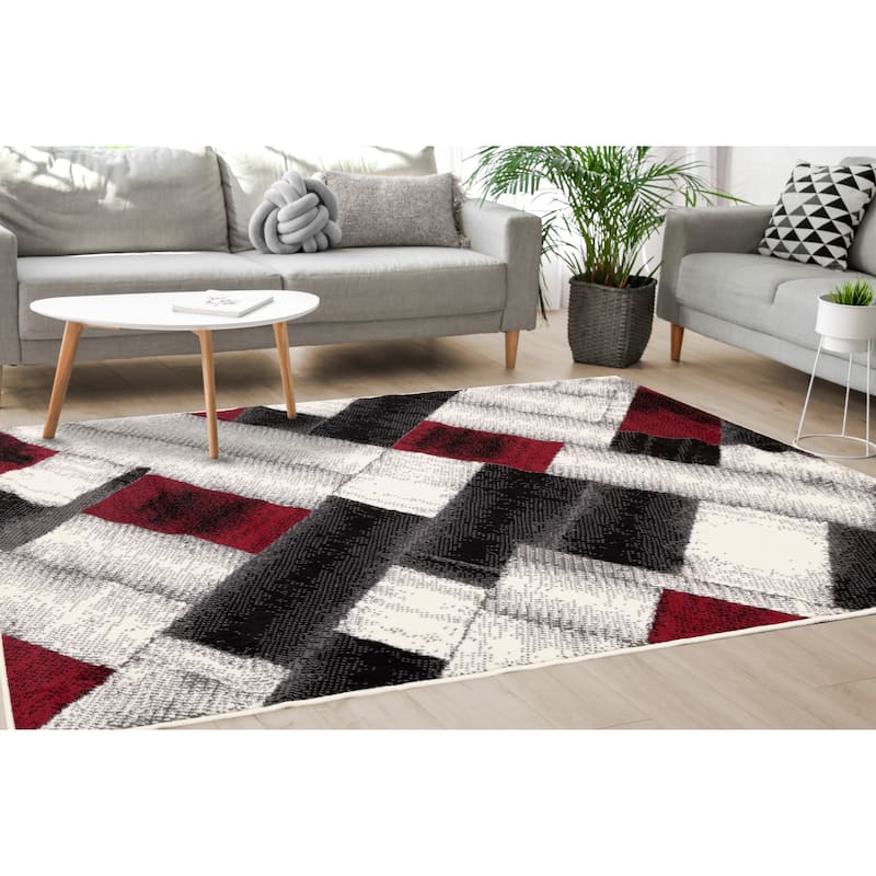 Florence Collection - Grey/Red Rectangles Area Rug - 4'7" x 6'7"