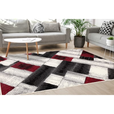 Florence Collection - Grey/Red Rectangles Area Rug - 4'7" x 6'7"