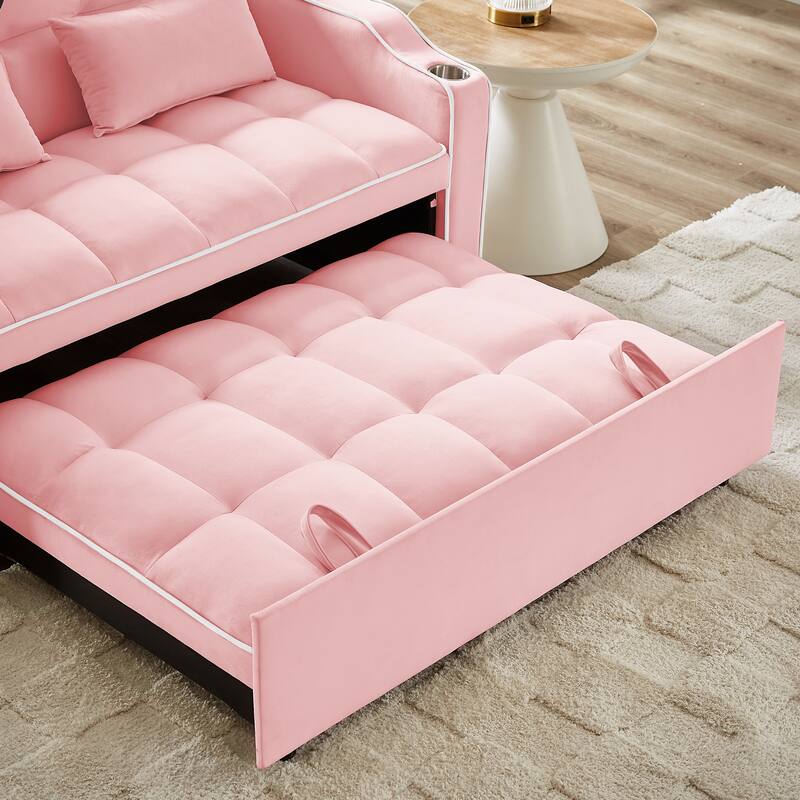 Versatile Foldable Sofa Bed in Pink, Solid Wood+MDF+Resin, Adjustable Back, USB Port, Phone Stand