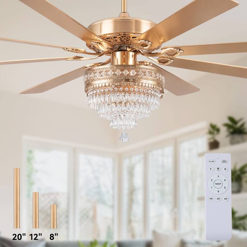 52"/62" Modern Crystal Chandelier Ceiling Fan Light,Reversible Airflow,E12 Bulbs,for Living Room Bedroom,Kitchen,Patio - 72 Inches-DC Motor - Gold