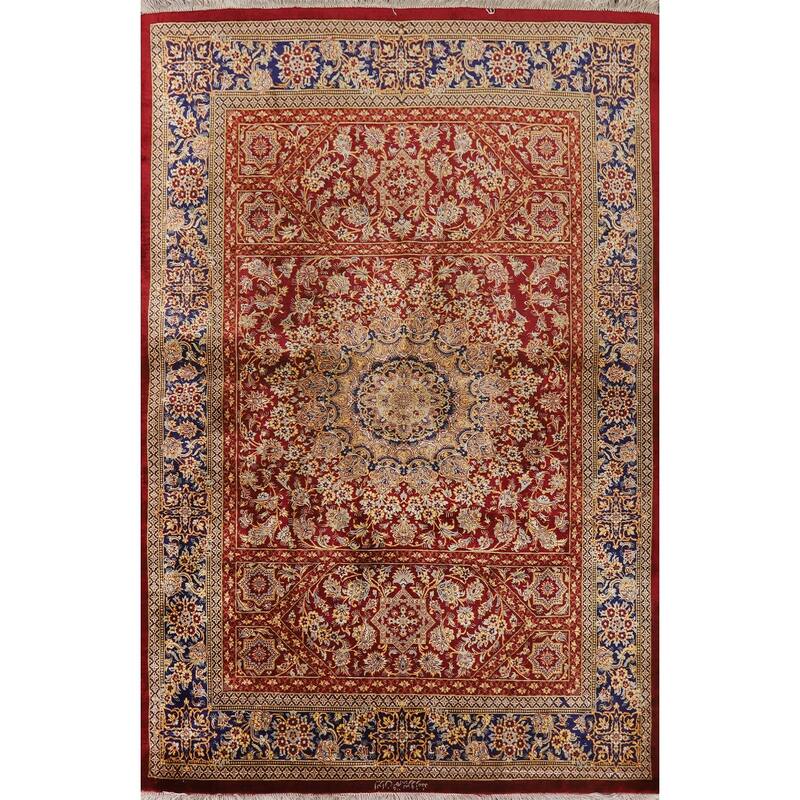 Hand Knotted Oriental Silk Carpet Traditional Floral Red Qum Area Rug - 4' 10'' X 3' 3''