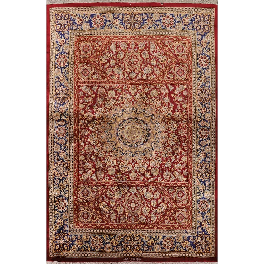 Hand Knotted Oriental Silk Carpet Traditional Floral Red Qum Area Rug - 4' 10'' X 3' 3''