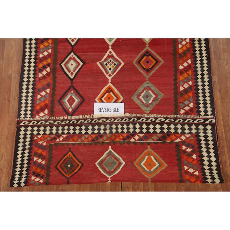 Kilim Qashqai Persian Vintage Rug Flatweave Orange Wool Carpet - 5'4" x 7'11"