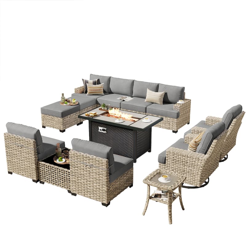 HOOOWOOO 13-piece Outdoor Sofa Patio Wicker Swivel Chair Set with 42" Fire Pit
