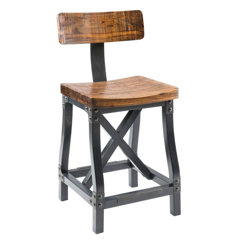 Roomfitters 24-Inch Industrial Counter Stool, Solid Acacia Wood Frame with Removable Back and Rivet Details, Amber