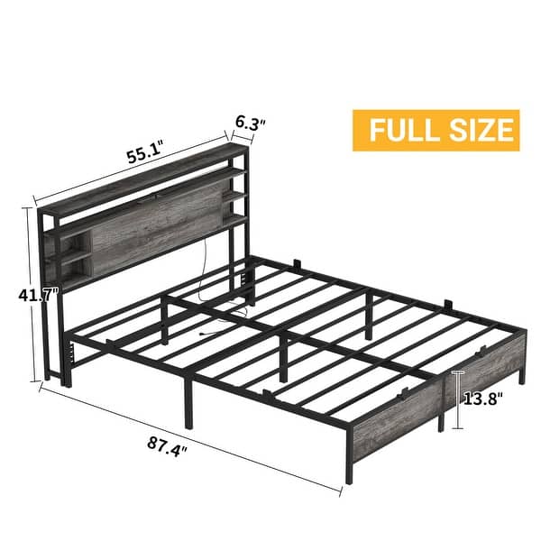 dimension image slide 8 of 11, Bed Frame with Charging Station and RGB LED Lights, Sturdy Platform Bed with Storage Headboard,