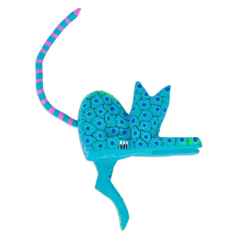 Novica Handmade Aqua Cute Cat Wood Alebrije Shelf Sitter Figurine