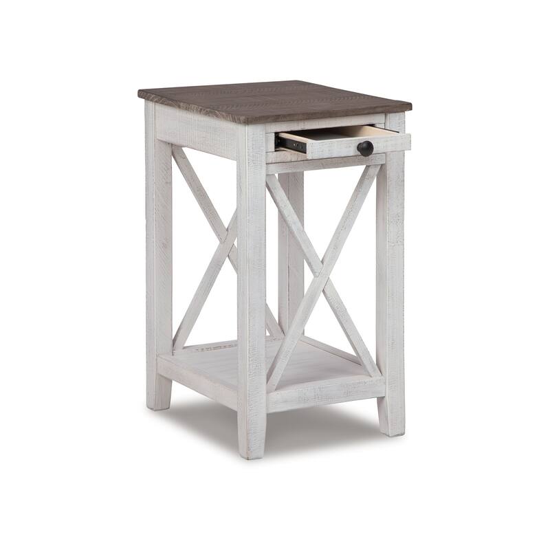 Accent Table, 1 Drawer and Shelf, USB Ports, 25 Inch White Solid Wood