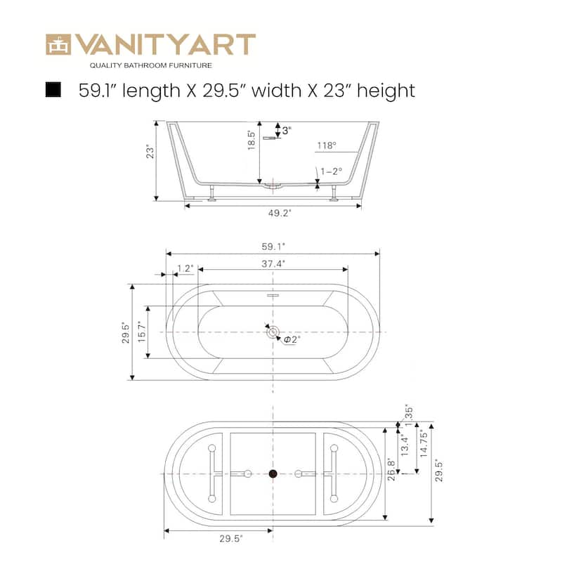 Vanity Art 59" Acrylic Freestanding Soaking Bathtub