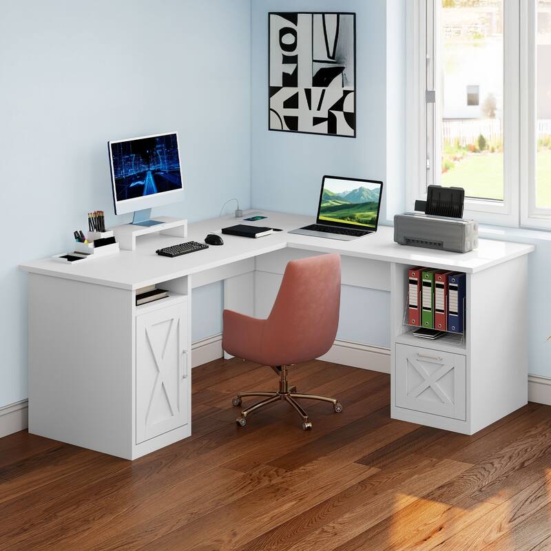 Moasis 59" L Shaped Office Desk with File Cabinet, Corner Computer Desk with Monitor Stand for Home Ofiice - White